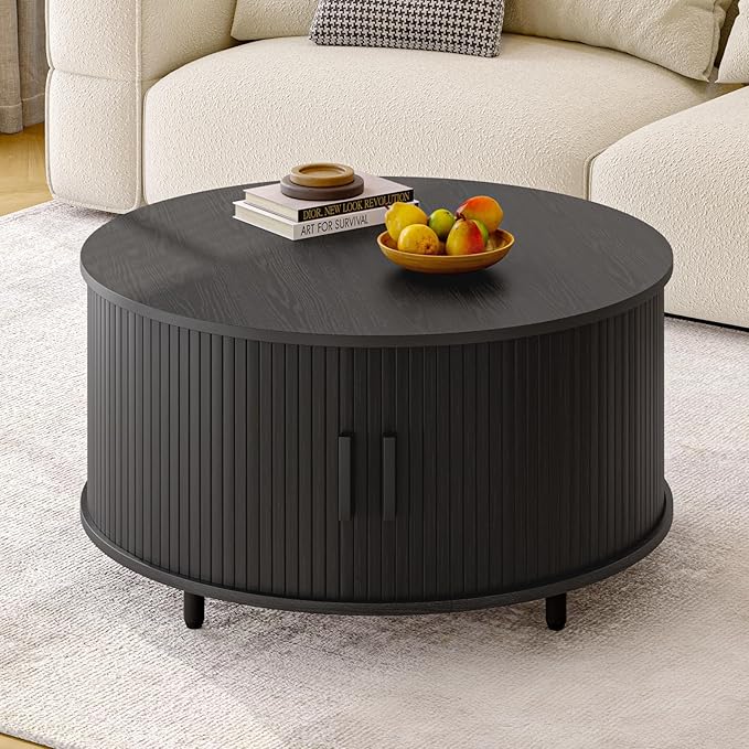 Round Coffee Table with Storage, 31.5" Modern Coffee Table with 360° Curved Sliding Door, Fluted Wood Accent Coffee Table with Adjustable Footpads, Round Center Table for Living Room, Black