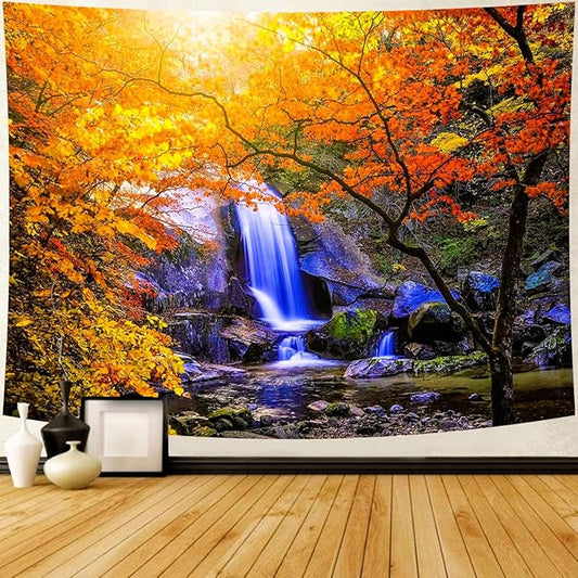 Delur Waterfall Tapestry Forest Nature Scenic Tree Mountain Sunset Tapestry Wall Hanging Natural Landscape Sunrise Headboard for Bedroom Living Room Home Decor (70.8" x 92.5")