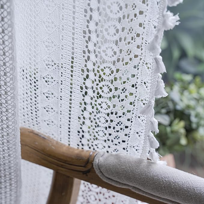 Sutuo Home Boho Curtains 120 inches for Bedroom Living Room Patio Doorway, Crochet Lace Sheer Bohemian Extra Long with Tassels,Window Treatment Drape, Single 1 Panel 59" W x 120" L, White