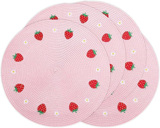 Whaline 4Pcs Round Placemats Daisy Strawberry Embroidered Place Mats Summer Strawberry Dinner Table Mats for Home Wedding Baby Shower Birthday Party Decor