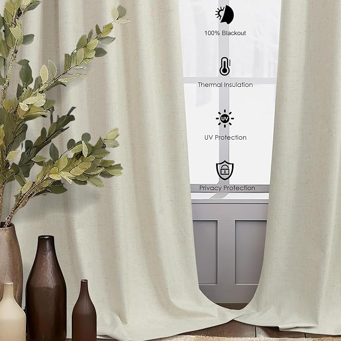 100 Inch Length Custom Summer Curtains for Windows Living Room Viral Back Tab Pleated Extreme Blackout Curtain Linen Designer Drapes for Sliding Glass Doors Patio 52 Wide x 100 Long Tall 2 Panel Beige