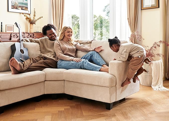 Nolany Sectional Sofa with Storage Ottoman, U Shape Sectional Couch Corduroy Modular Sectional Couches for Living Room, Beige