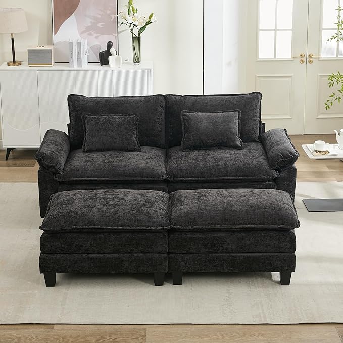 URRED Modular Sectional Sofa Comfy Cloud Couch, Modern Chenille Sofa Sleeper Deep Seat Couches with Ottoman/Pillows for Living Room (Black, 82.6''- 2 Ottomans)