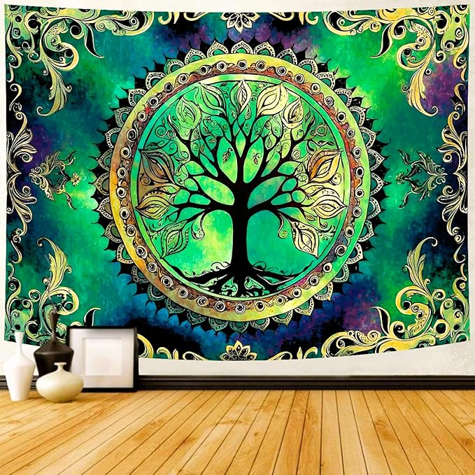 Delur Tree of Life Tapestry Green Nature Bohemian Mandala Spiritual Tapestry Wall Hanging Mystical Landscape Hippie Psychedelic Headboard for Bedroom Living Room Home Decor (70.8" x 92.5")