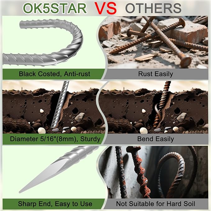 Rebar Stakes 16 inch, 3/8" Diameter Heavy Duty J Hook Stakes 8 Pack, Galvanized Anti-Rust Ground Anchor Long Tent Stakes for Dog Fence Trompoline Swing Set