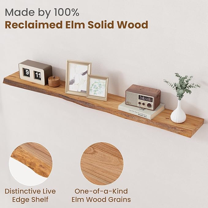 Floating Shelves for Wall Decor, Rustic Solid Elm Wood Live Edge Floating Shelves Wall Mounted, Wall Shelves with Invisible Bracket for Living Room Bathroom Bedroom Kitchen, 55 Inch, Natural