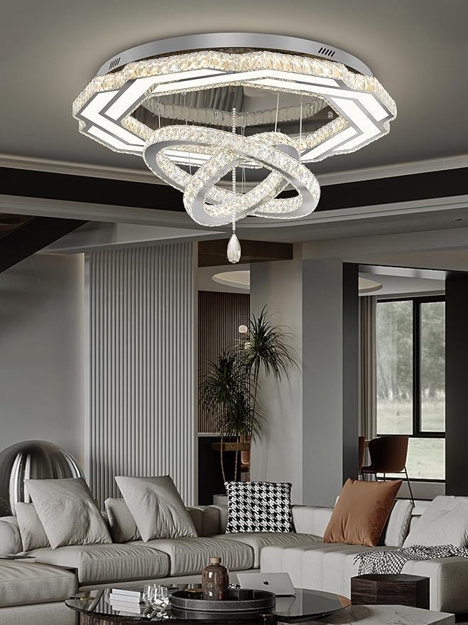 Flashing God Large Crystal Chandelier Dia 48" Silver Chandelier Flush Mount Ceiling Light for Bedroom Living Room Dining Room Hallway Dimmable 3 Rings LED Celing Lighting Fixtures