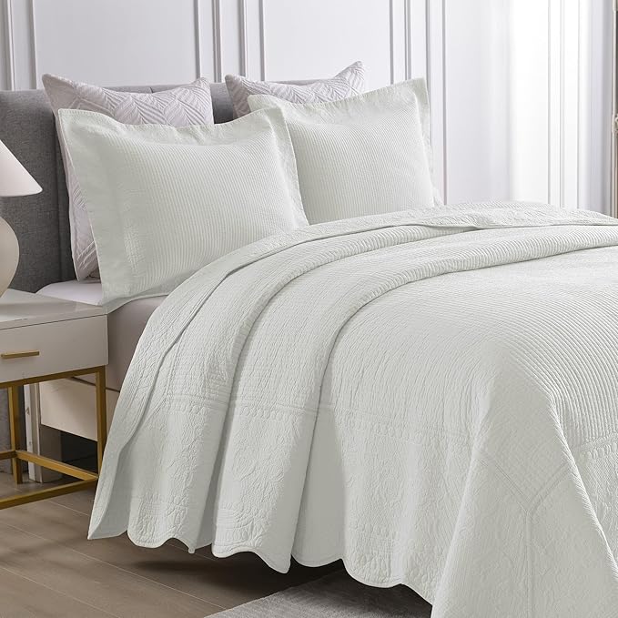 MarCielo 3-Piece 100% Cotton Oversized Bedspread Lightweight Quilt Coverlet Embroidery Farmhouse Bedding Set (TG Bright White, Oversized King (118"x106"))