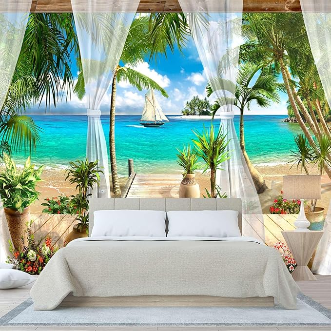 WFBHUA-Wall Mural Tropical Beach Palm Tree Wallpaper Balcony Window Seascape Landscape Wallpaper for Bathroom Living Room Bedroom (Not Peel and Stick)