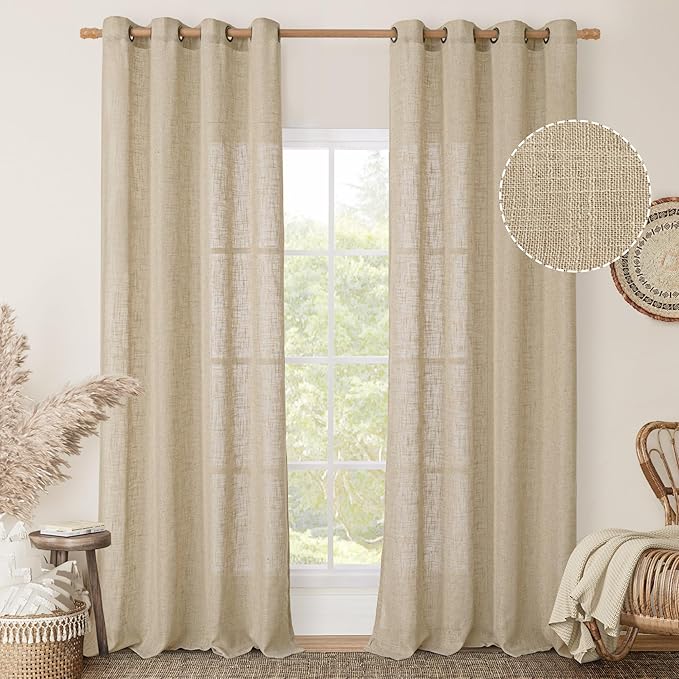 LAMIT Brown Linen Sheer Curtains 95 inch for Living Room 2 Panels, Soft Thick Light Filtering Boho Window Textured Burlap Drapes with Bronze Grommet for Bedroom Farmhouse, 52 x 95 Inch