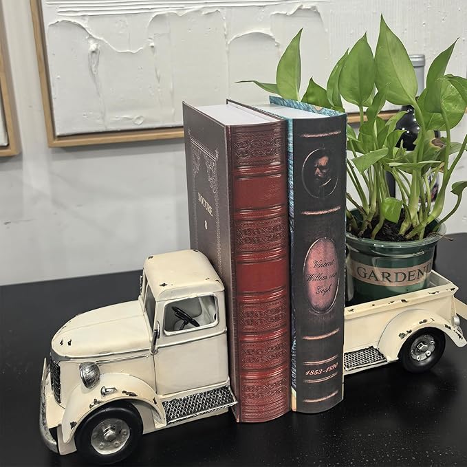 Decorative Book Ends Vintage Bookends: Metal Truck Book Stopper for Heavy Books - Farmhouse Decor for Shelf Table Coffee Bar Office Home - Gift for Adults Men Teen (Vintage White)