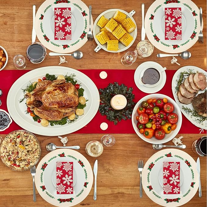 Whaline 4Pcs Round Christmas Flower Placemats Embroidered Xmas Poinsettia Place Mats Decorative Dinner Table Mats for Holiday Party Decor