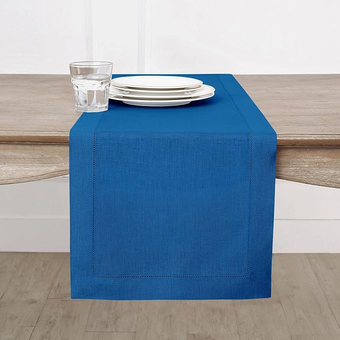 Solino Home Linen Hemstitch Table Runner 120 Inches Long - 100% Pure Linen Indigo Blue Table Runner 14 x 120 Inch for Fall, Autumn - Classic Hemstitch