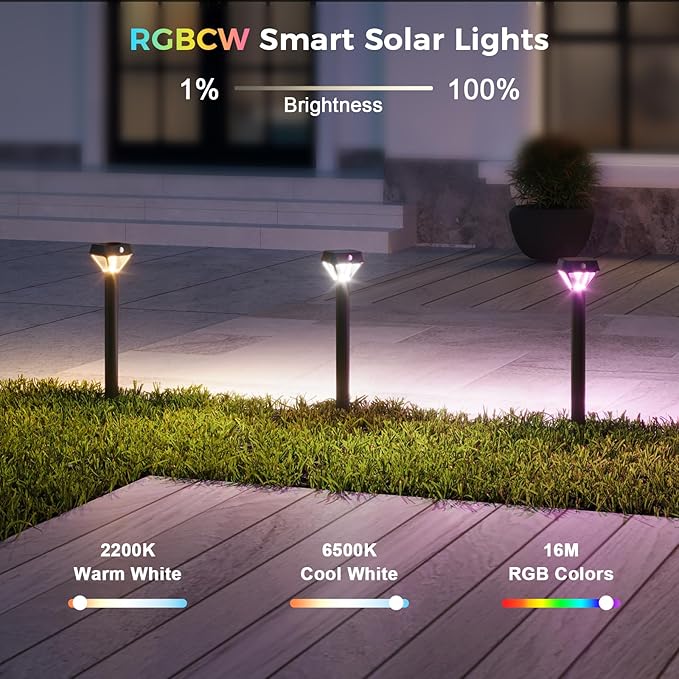 XMCOSY+ Smart Pathway Lights Solar Powered, 150LM Solar Motion Lights Outdoor Waterproof with APP Control, Works with Alexa RGBCW Color Changing Garden Light for Yard Walkway Driveway Pathway, 6 Pack