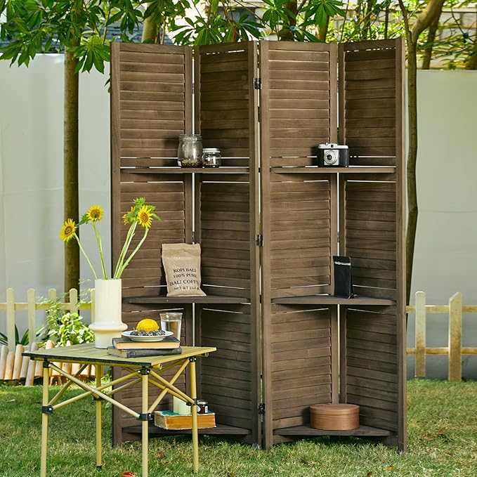 Room Divider with Shelves, 5.6 Ft Tall Folding Wood Screen with Double Hinges for Home Office Bedroom Hotel Decoration (4 Panels, Brown)