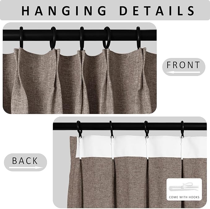 Macochico Extra Wide 100% Blackout Linen Curtains for Sliding Door Pleated Curtains with Hooks Insulated Soft Linen Drapes for Bedroom Living Room with Tieback Light Brown 100”Wx84”L 1 Panel
