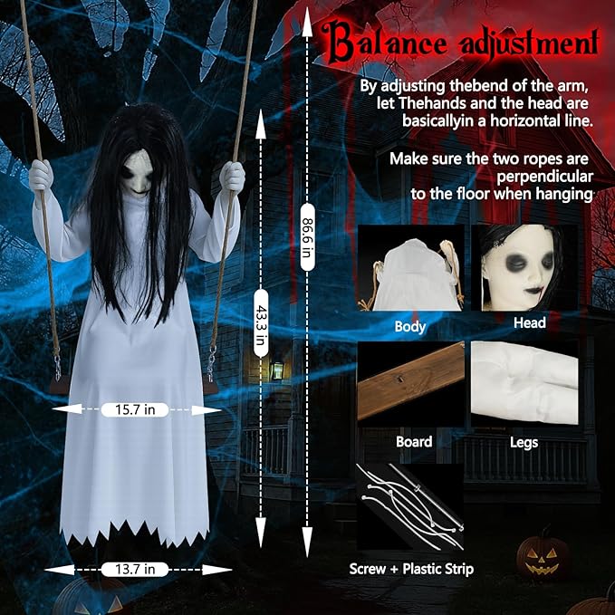 Halloween Decorations Outdoor Indoor Haunted Swinging Girl, Scary Ghost on Swing for Yard Porch, Creepy Motion Easy to Hang