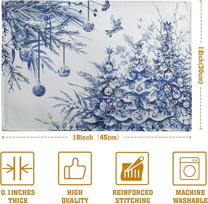 Blue and White Christmas Tree Placemats Set of 4, 12x18 Inch Chinoiserie Xmas Place Mats Winter Holiday Washable Linen Table Mats for Party Kitchen Dining Outdoor Indoor Decor