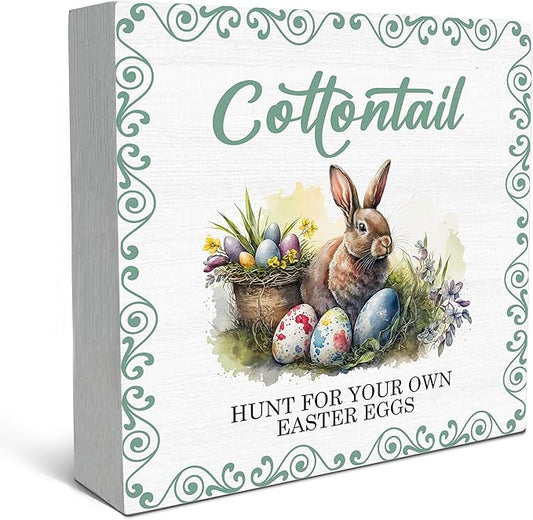 SRADMO Easter Wooden Block Decorative Sign, 5x5 inches, Wood, Tabletop Mount, Multicolor, Easter Theme, Rustic Style, Pre-Printed Text: Cottontail