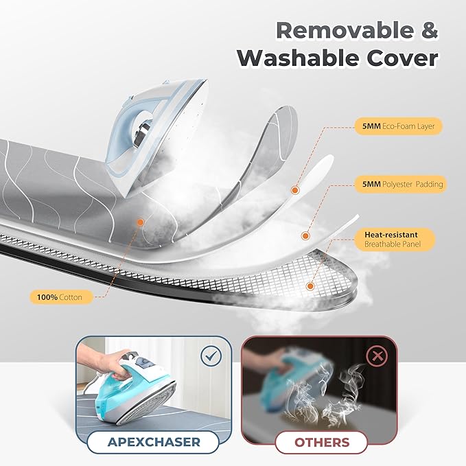 APEXCHASER Ironing Board with Silicon Iron Rest, Heavy-Duty Legs and Heat Resistant Cover, 13x53 inch, Black