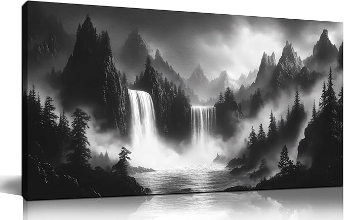 Mountain Wall Pictures for Living Room Decor - Black and White Wall Art Bedroom - Waterfall Canvas Wall Art for Office Size 20" x 40"