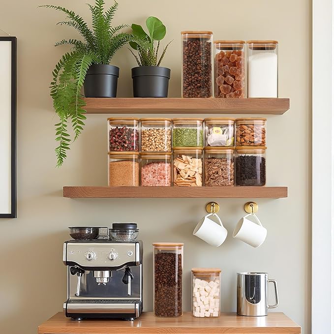 ComSaf 1.2 QT Glass Storage Containers with Lids, Glass Jars with Lids, Clear Food Jar, Square Canister Set of 6, Pantry Organizers and Storage for Cookie Flour Oat Pasta Tea Coffee Bean