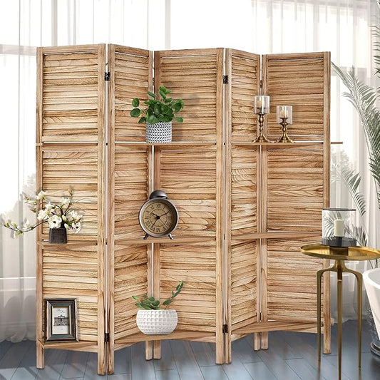 Room Divider with Shelves, Privacy Screen, Room Dividers and Folding Privacy Screens, 5 Panel Wood Temporary Wall Partition Separation Separator, Natural