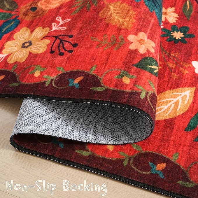 Runner Rug for Hallways Kitchen Rug Non Slip 2'x 6' Washable Runner Rugs with Rubber Backing Soft Floral Carpet Runner for Hallways, Kitchen, Laundry, Bedroom, Bathroom(Red)