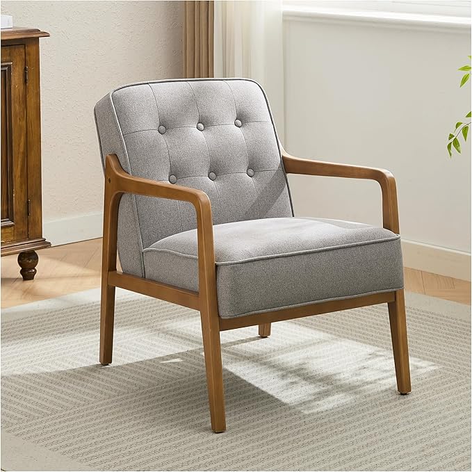 Linen Accent Chair, Mid Century Modern Chair for Living Room, Upholstered Comfy Lounge Armchair with Solid Wood Frame, Reading Side Chair for Bedroom,105°Ergonomic Comfort, Grey