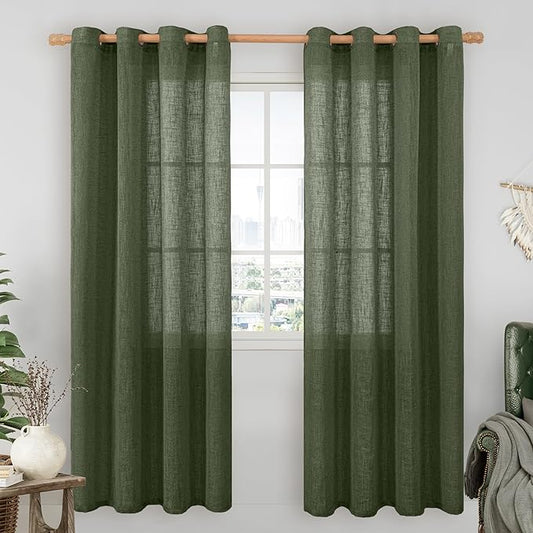 LAMIT Linen Sheer Curtains 80 inch for Living Room, Soft Thick Light Filtering Boho Window Textured Neutral Drapes with Bronze Grommet for Bedroom/Farmhouse, 2 Panels, 52 x 80 Inch, Olive Green