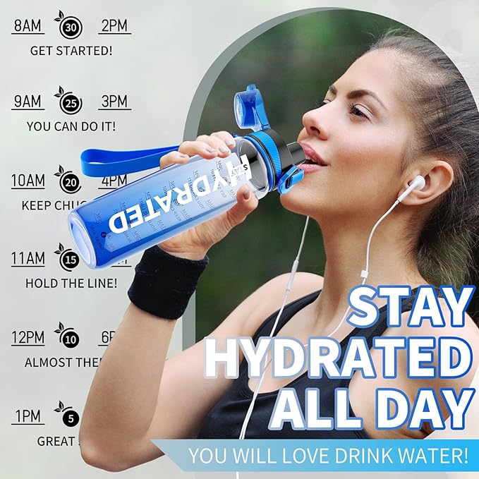 Water Bottle, 32 oz Motivational Water Bottles with Time Marker-Tritan & BPA Free, Sports Water Bottle with Time to Drink & Strap, Wide Mouth, Leakproof -Gift for Christmas Gym Fitness & Outdoor