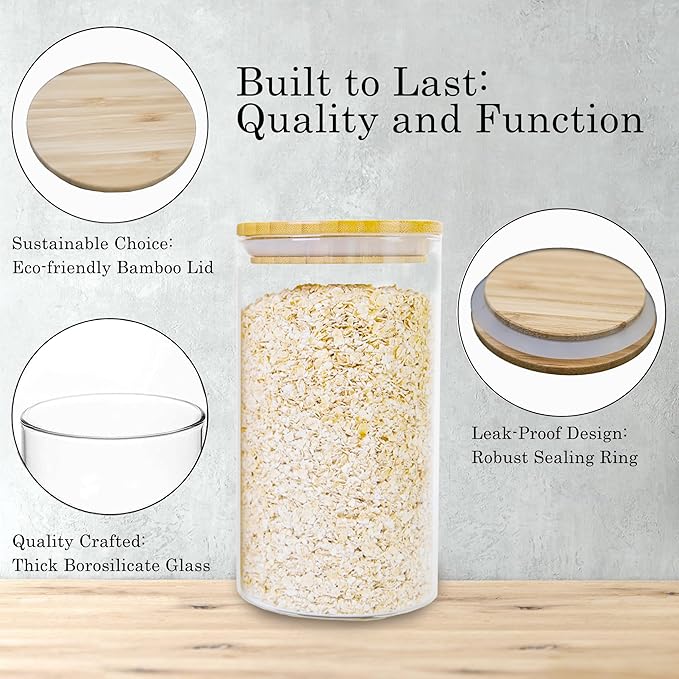 Glass Storage Jars Set Elegant Containers with Airtight Bamboo Lids, Perfect for Kitchen Organization - Flour, Rice, Pasta, Sugar, Coffee Beans, Accessories Included (2 packs(111oz))