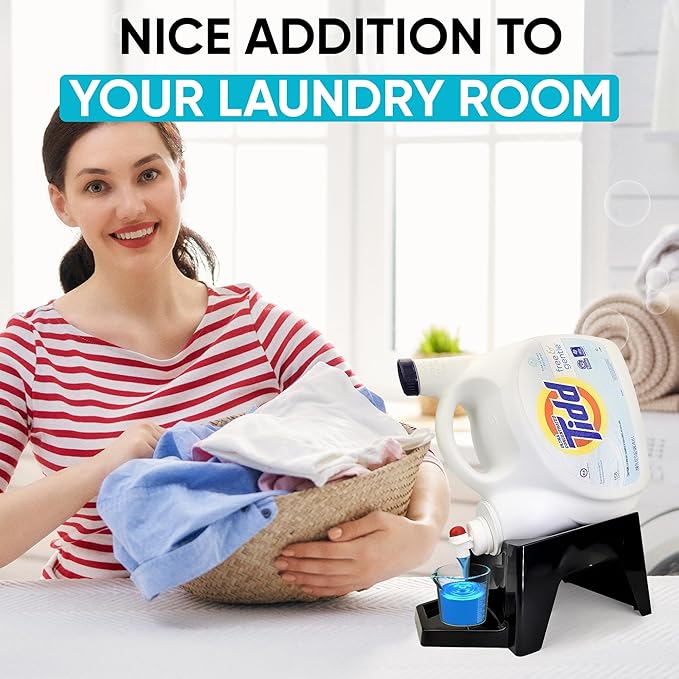 TidyFriend Laundry Detergent Dispenser with Tray & Strap, Laundry Soap Dispenser with Non-Slip Rubber Feet for Washing Room Organization, Easy Pour (Black)