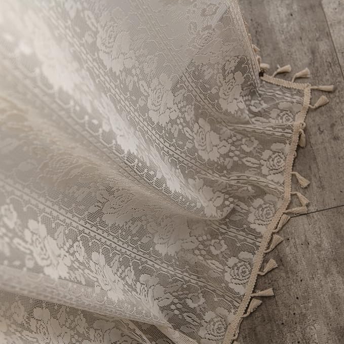 Sutuo Home Beige Boho Curtains for Living Room Bedroom,Bohemian Crochet Florals Embroidery Sheer Lace Handmade Tassels Vintage Rustic Window Treatment Country Drape Rod Pocket 1 Panel 59" W x 96" L