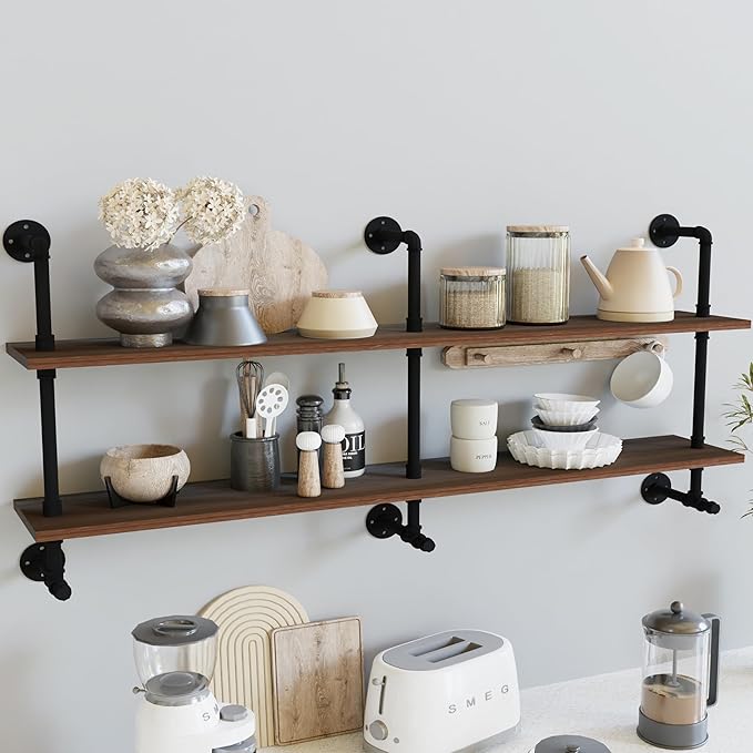 Industrial Pipe Wall Shelves Pipe Shelving with Real Wood Plank,70 Inches Floating Shelves for Wall Farmhouse Pipe Book Shelves Dark Brown 2 Tier for Kitchen,Living Room Decor and Bar Shelving