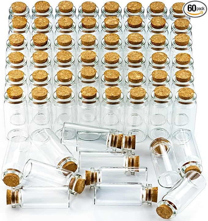 WFPLUS 60 Pcs 10ml Small Glass Bottles with Cork Stopper - DIY Mini Glass Jars, Tiny Clear Vials with Cork for Display Art Crafts Decoration Wedding Party Supplies