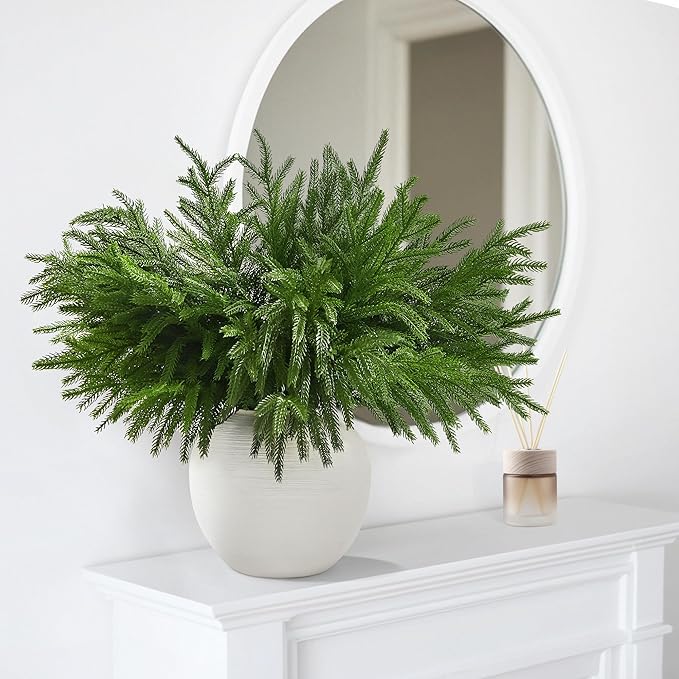 WeGuard 16 Pcs Real Touch Artificial Norfolk Pine Branches, 18 Inches Faux Cedar Pine Stem Fake Christmas Greenery Picks for Vase DIY Garland Wreath Christmas Decor Home Decor