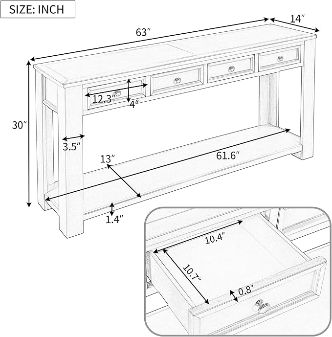 Solid Wood Console Table, Long Sofa Table Entryway Table with 4 Drawers and Bottom Shelf for Hallway Living Room Couch Table,Fully Assembled (63" Navy)