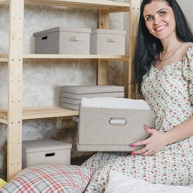 Large 17" 36 Quart Collapsible Stackable Storage Bins with Lids, 3 Packs Beige Linen Fabric Closet Boxes with Lids, Storage Cube Baskets Container Organizers for Bedroom Office(17 x12 x11)