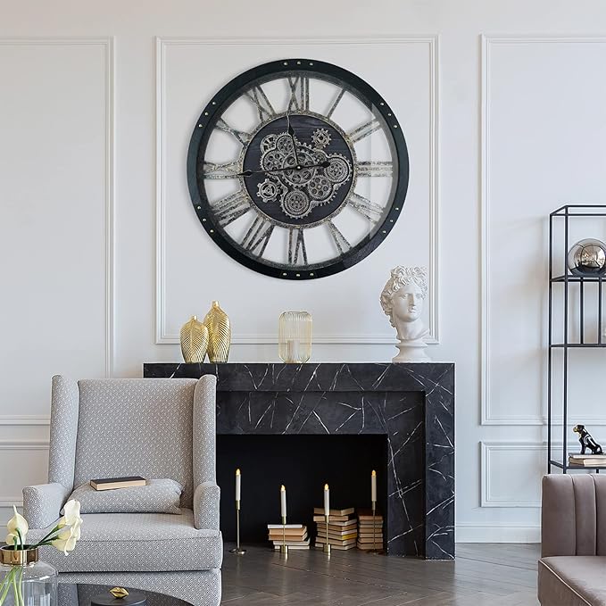 36 Inch Moving Gear Wall Clock, Oversized Wall Clocks, Clock Living Room Decor, Solid Wood Frame, Battery Operated, Large Wall Clock with Steampunk Industrial for Fireplace(Black)