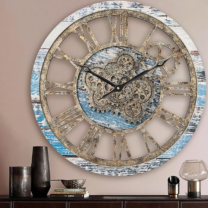 HOIBAI Large Wall Clock, Wall Clocks for Living Room Decor 20 Inch Farmhouse Vintage Rustic Kitchen Wall Decor Vintage Roman Oversized Wall Clock for Home Bedroom House Office, Moving Gears Clock