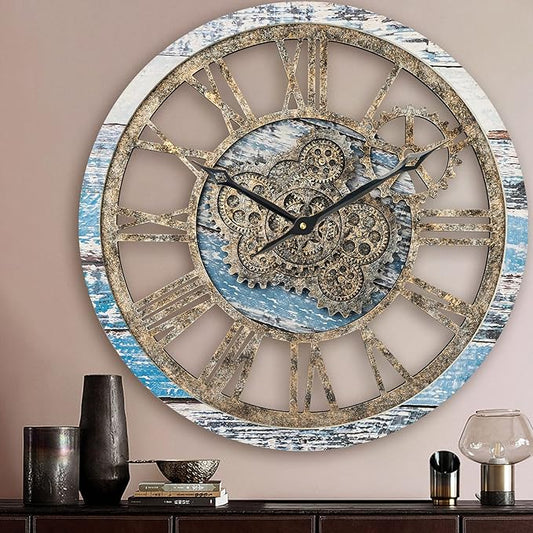 HOIBAI Large Wall Clock, Wall Clocks for Living Room Decor 20 Inch Farmhouse Vintage Rustic Kitchen Wall Decor Vintage Roman Oversized Wall Clock for Home Bedroom House Office, Moving Gears Clock