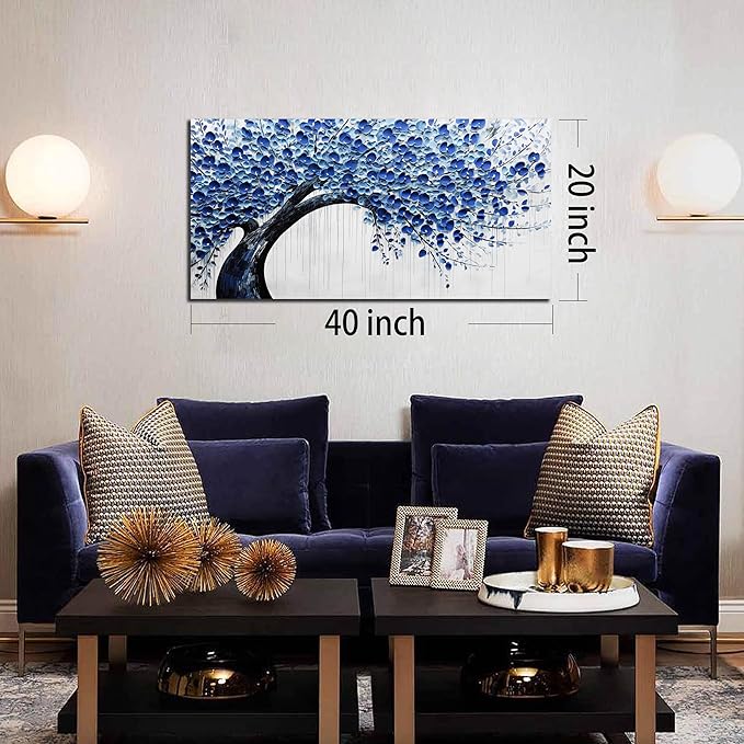 Large Wall Art for Living Room Bedroom Home Office Blue Tree of Life Wall Art Floral Picture Framed Wall Decor Modern Canvas Prints 20x40 In
