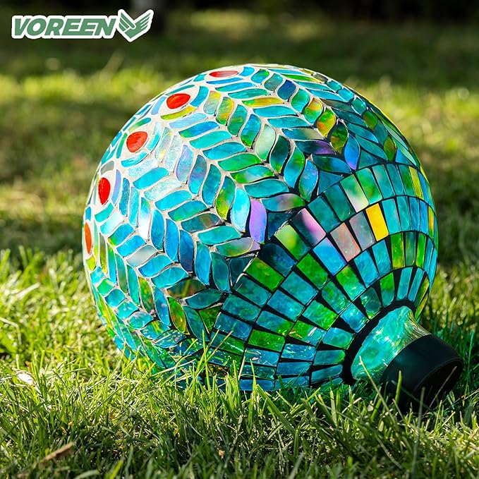 VOREEN Mosaic Glass Gazing Ball Outdoor Gazing Globe, Reflective Ball Yard Decoration for Homes, Patio, Lawn and Gardens, Gift for Mom Wife Friend, 10-Inch, Blue