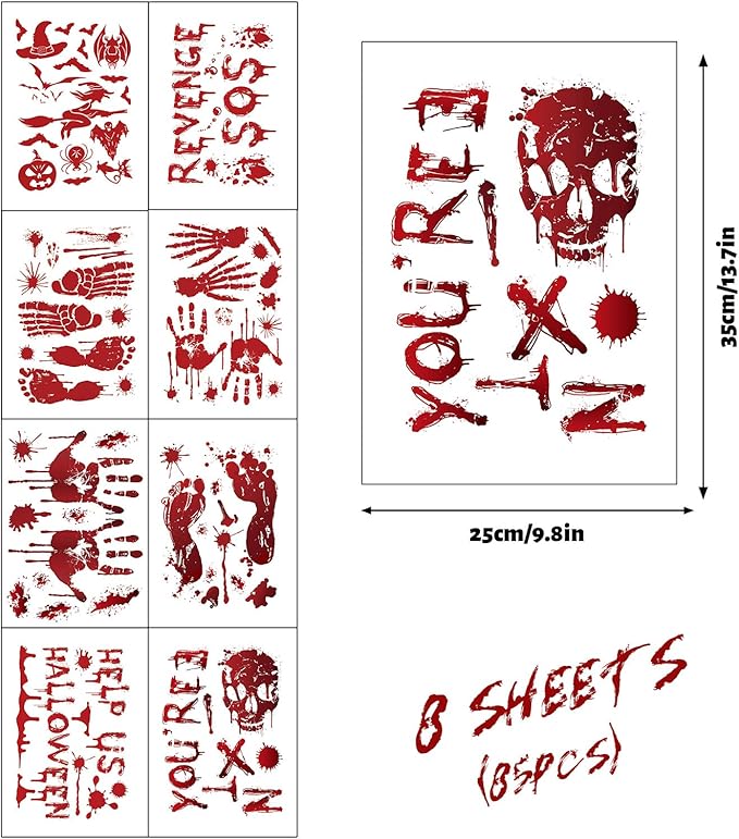 8 Sheets Halloween Window Clings, Bloody Handprint Footprint Window Stickers Scary Halloween Decorations Self Adhesive Wall Decal for Party Bathroom Car Door Zombi Restroom Sign Decals-85 Pcs