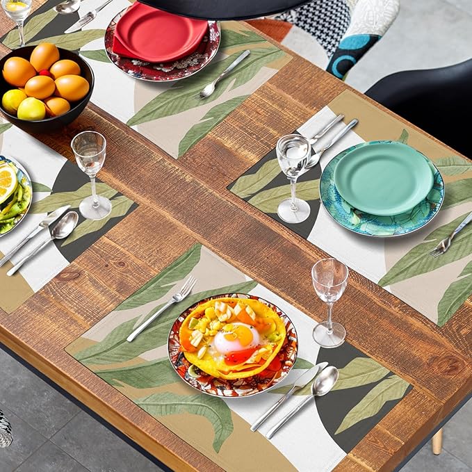 Tropical Palm Leaf Linen Placemats Set of 4 Summer Green Banana Leaves Themed Kitchen Place Mats Washable Non-Slip Heat Resistant Fabric Dining Table Placemats 12x18 Inch