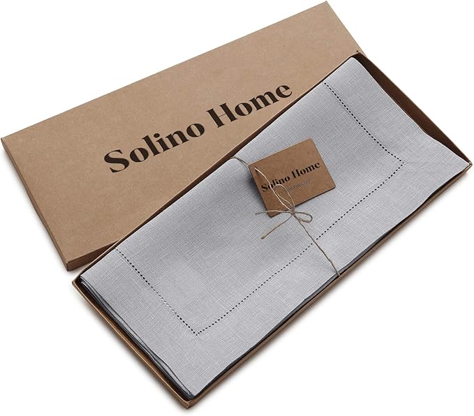 Solino Home Linen Soft Grey Table Runner 120 Inches Long - 100% Pure Linen Hemstitch 14 x 120 Inch Table Runner for Dining, Fall, Autumn, Thanksgiving - Classic Hemstitch