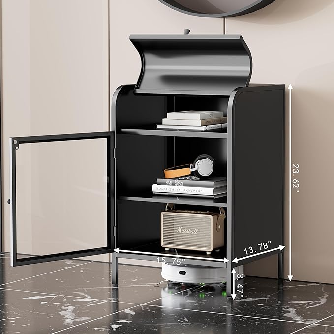 Modern Metal Side Tables, End Tables with Glass Door, 2-Tier Nightstands with Storage Shelves, Accent Table, Slim Sofa Table for Living Room, Bedroom (1, Black)