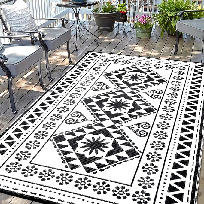 Waterproof Outdoor Rug 8x10ft, Reversible Plastic Straw Mat Rugs for Patio RV Deck Porch Backyard Balcony Camping Picnic Beach Indoor Outdoor Carpet, Black&White