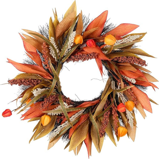 Fall Corn Husk & Berry Door Wreath for Front Door 24 Inch, Festive & Rustic Farmhouse Autumn Harvest Wreath, Fall Decor for Home Door Wall Porch Window, Orange/Yellow/Brown